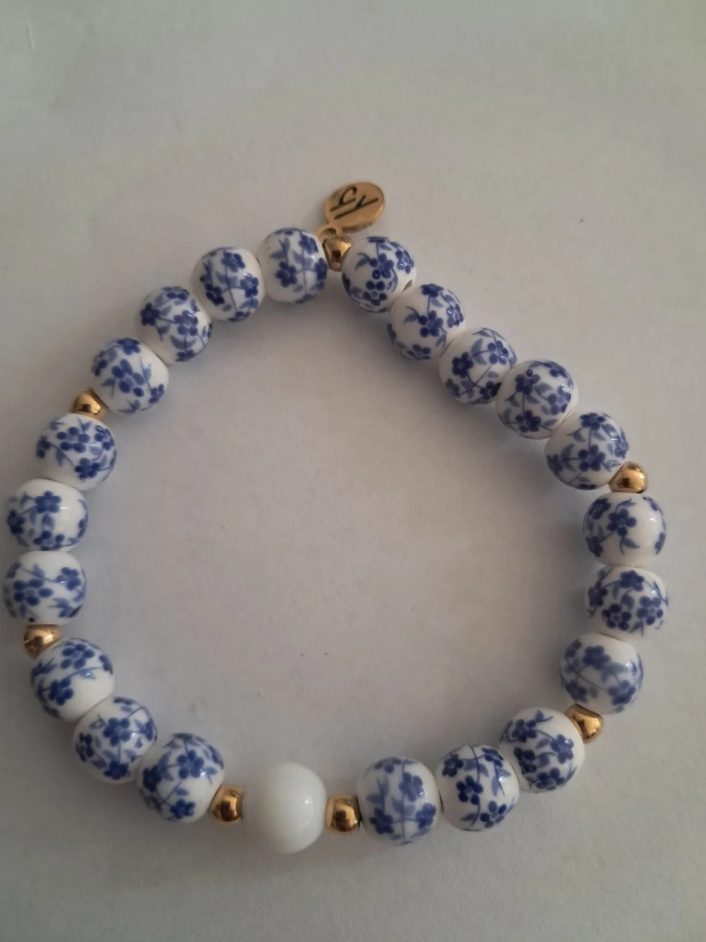 T. Jazelle Blue & White Porcelain Floral Beaded Bracelet - Gold